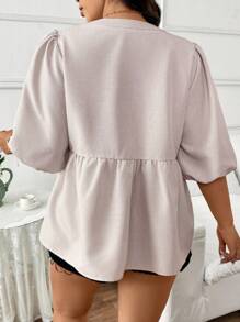 SHEIN Frenchy Top femme grande taille de couleur unie pour le printemps, petit col en V smock pull-over blouse - Nude - Voir 2