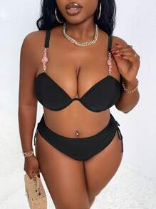 SHEIN Slayr CURVE Plus Size Women 2pcs Bikini Swimwear Set, Solid Color, Push Up Top, High Waisted Tie Strap Bottom, Fashionable And Sexy For Beach Resort, For Summer Vacation - Black - View 4