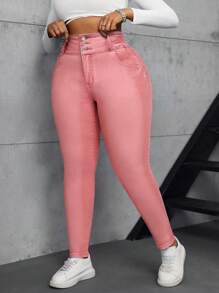 SHEIN SXY 大码女式高腰口袋休闲紧身牛仔裤 - 粉色 - 查看 5