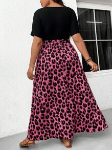 SHEIN Frenchy Plus Size Boho Solid Color Leopard Patchwork Simple Daily Short Sleeve Dress For Women Fall Clothes, For Summer