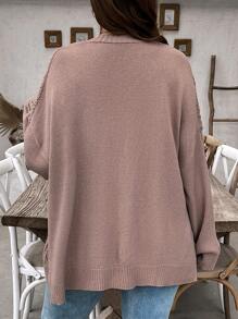 SHEIN CURVE+ 大码女式纯色针织镂空单排扣长袖休闲优雅办公室轻便开衫，春/秋