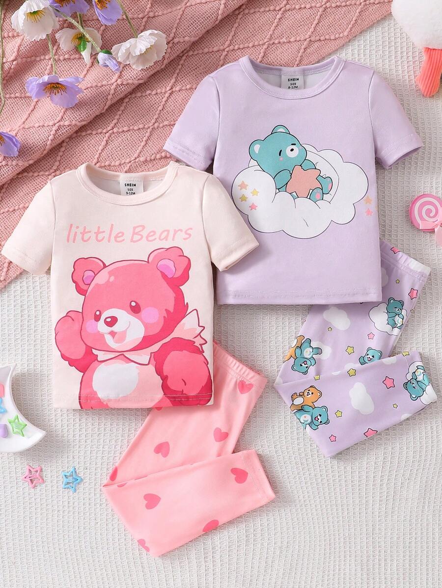 4 件套婴儿女孩休闲时尚粉色和浅紫色可爱熊图案短袖上衣和紧身裤家居套装 - 彩色 - 查看 1