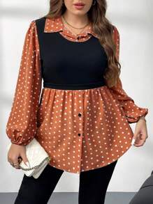SHEIN LUNE Plus Size Women's Polka Dot Print Long Sleeve Shirt Fall Women Holiday Business Casual Woman Going Out Tops