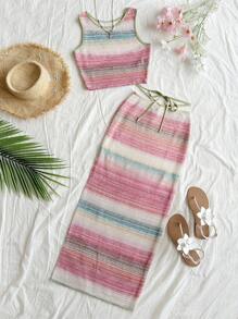 Soleia Set de 2 vestidos de punto a rayas tipo chaleco para mujeres, ropa de resort - Multicolor - Ver 4