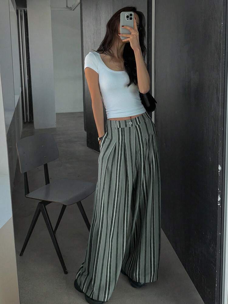 Striped Color-Block Loose Wide-Leg Pants, Casual Summer Women Trousers