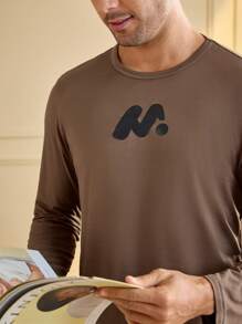 Manfinity Underwear&Sleepwear Basics Men's Letter Printed Top And Pants Sleepwear Set - Mocha Brown - View 7