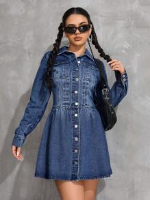 SHEIN PETITE Women's Long Sleeve Single-Breasted Casual Denim Dress - Blue - View 5