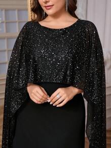 SHEIN Privé 女士优雅浪漫时尚通勤性感风格连衣裙，适合派对、度假、返校、浪漫约会、婚礼和生日，闪亮斗篷紧身长款黑色连衣裙 - 黑色 - 查看 7