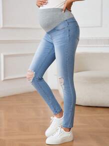 SHEIN Maternity Solid Color Patchwork Front Button Pocket Distressed Casual Jeans Summer Outfits For Women Skinny Jeans For Women