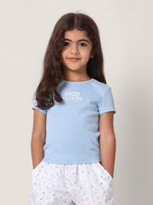 SUMWON Adorable Girls Amour Paris Ribbed Baby Tee Floral Cargo Pants Set Spring Summer Casual Play Set Toddler Kids Outfit - Blue - View 3