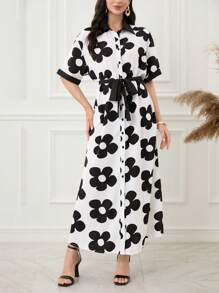 Lacomfia Women's Woven Printed Contrast-Color Button Waist Long Sleeve Dress - Black - View 6