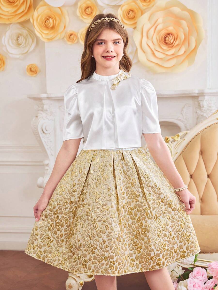 Tween Girls 2 Pieces Set: Satin Puff Sleeve Blouse + Jacquard Mini Skirt - White - View 1