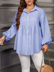 SHEIN LUNE Plus Size Women's Plaid Lantern Sleeve Single Breasted Casual Blouse Western Wear Women Festival Boho Hippie Cowgirl Old Money Bohemian Plus Size Oversized Shirts Plus Size Blouses Long Plus Size Shirt Women Shirts Plus Size Plus Size Tunic - Blue - View 1