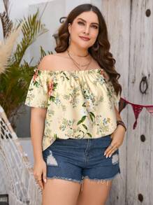 SHEIN VCAY Plus Size Off Shoulder Short Sleeve Floral Print Casual Shirt - Apricot - View 6