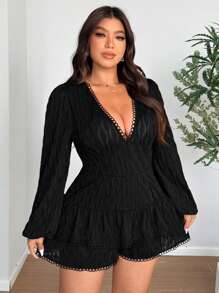 SHEIN Clasi 大码女式纯色灯笼袖深 V 领连体裤 - 黑色 - 查看 5