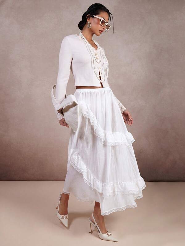 COSMINA Women's Elegant Solid Color Ruffle Hem Skirt