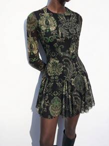 Maija 佩斯利图案全印花 2025 夏季新款都市现代优雅日常休闲绿色腰果花女士迷你连衣裙适合外出度假派对节日派对音乐节老钱波西米亚 90 年代女装 - 彩色 - 查看 1