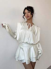 Aloruh 全新性感女式杏色多层荷叶边下摆设计迷你连衣裙，适合化妆舞会、派对、活动 - 杏色 - 查看 5