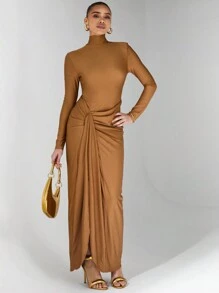 Glamine Hoher Kragen, Langarm, seitlich plissierte Volants am Vorderteil, Rüschen am Rücken, Reißverschluss hinten, schlanke Maxikleid aus Strick für alle Jahreszeiten, sexy elegante Abendkleider für besondere Anlässe, gestrickte Kleider, elegante Damenkleider