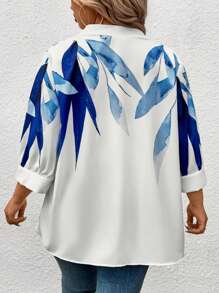 SHEIN CURVE+ Fashionable V-Neck Short Sleeve Printed Blouse - Multicolor - View 2