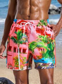 Surfspeed Men's Palm Tree Print Drawstring Waist Loose Beach Shorts Men Swim Trunks - Pink - View 5