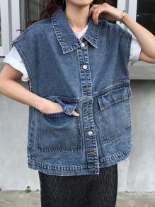 FRIFUL Women's Denim Blue Loose Sleeveless Jacket Casual Outerwear