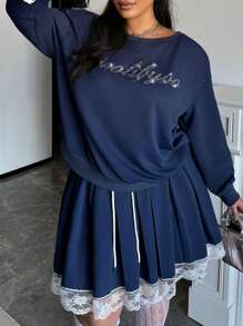 Flirla 2pcs Women Plus Size Elegant Ruffled Textured Fabric Contrast Lace Loose Romantic Set - Multicolor - View 7