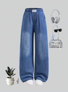 青少年男孩字母印花口袋阔腿休闲牛仔裤可爱宽松牛仔裤低腰宽松牛仔裤廉价宽松牛仔裤宽松牛仔裤女孩蓝色宽松牛仔裤 - 藍色 - 查看 3