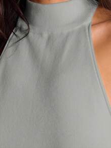 MUSERA High Neck Ribbed Backless Halterneck Top - Grey - View 6