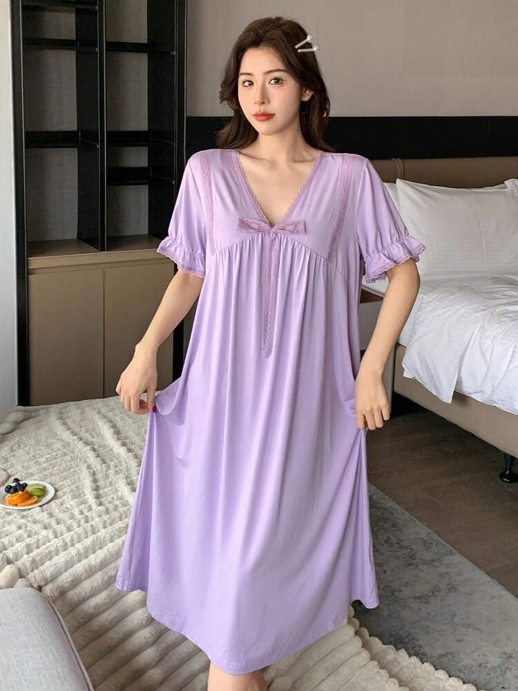 Lace Trim Pleated V-Neck Loose Fit Women's Night Gown Pajama