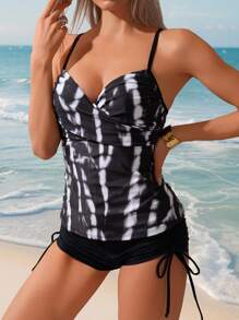 Swim Lushoire 2pcs Springbreak Minimalist Sexy Criss-Cross Ruched Print Long Tankini Top & Side Ruched Drawstring Swim Shorts Set For Summer Beach Vacation - Multicolor - View 2