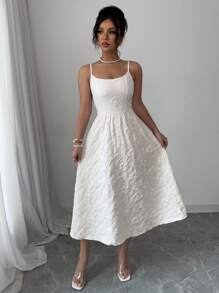 Elenzga Boho Style Apricot Color Textured Floral Print Spaghetti Strap Wide A-Line Dress, Spring/Summer Resort