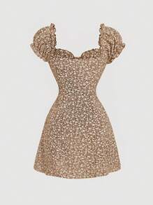 SHEIN MOD 女士心形领无袖满身碎花连衣裙 - 卡其色 - 查看 2