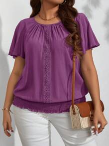 SHEIN LUNE Plus Size Women Floral Hem Elastic Cuff Short Sleeve Round Neck Blouse - Purple - View 5