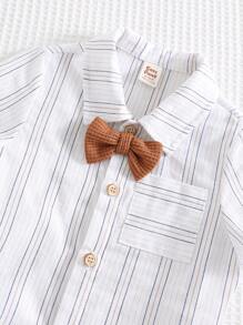 Cozy Pixies 2pcs Baby Boy Colorful Striped Bowknot Collar Short Sleeve Cardigan And Bib Shorts Set - Multicolor - View 6