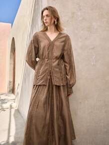 Ontre 女士 2 件套撞色蕾丝 V 领宽松长袖衬衫和长裙度假套装波西米亚风