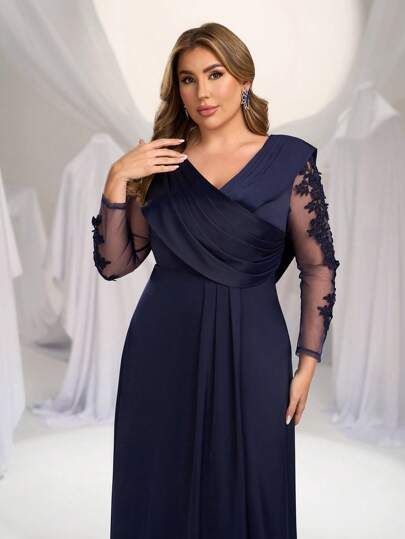 SHEIN Belle Plus Size Elegant Luxurious Vintage Blue Fitted Long Sleeve Applique V-Neck Pleated Maxi Formal Evening Gown, Party Dress, Wedding Guest Dress, Evening Dress