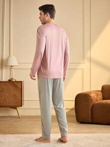 男士字母印花圆领长袖上衣和裤子家居服套装，休闲 - 粉色 - 查看 2