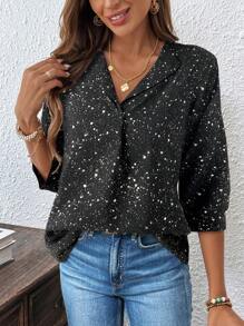 SHEIN LUNE بلوزة نسائية أنيقة مطبوعة بالورق المقوى، مع طوق منحدر الأكمام متوسطة الطول، مناسبة للمكتب والتنقل والحفلات - الذهبي - مشاهدة 4