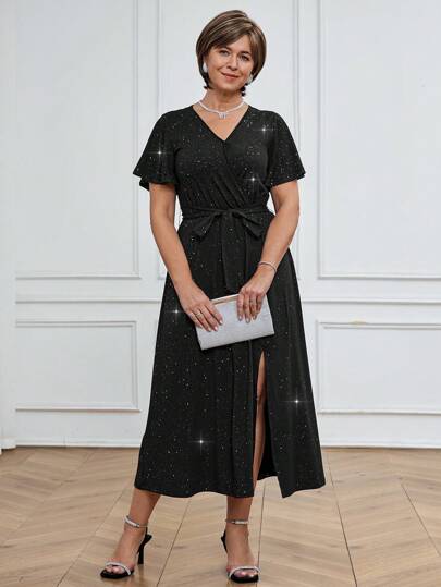 SHEIN LUNE Vestido largo elegante de estilo de fiesta primavera/verano con cuello en V negro brillante, volantes, manga corta, abertura alta, cinturón y lazo para mujeres