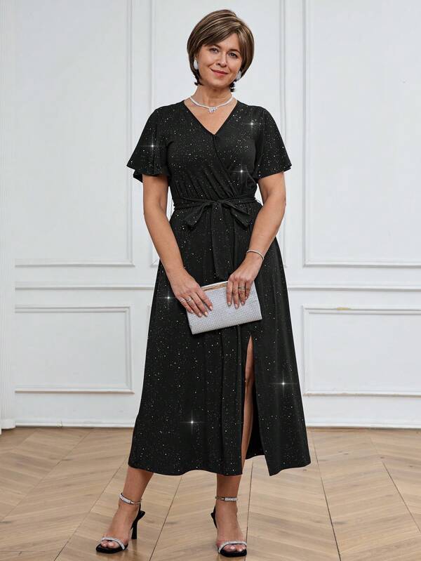 SHEIN LUNE Vestido largo elegante de estilo de fiesta primavera/verano con cuello en V negro brillante, volantes, manga corta, abertura alta, cinturón y lazo para mujeres