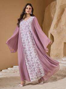 Al Najma 女士 V 领亮片刺绣喇叭袖宽松朴素浪漫优雅土耳其和阿拉伯传统长裙、卡夫坦和贾拉比亚 - 粉色 - 查看 1