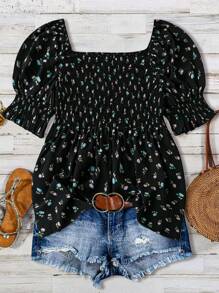 EMERY ROSE Plus Size Women's Floral Embroidered Shirred Puff Sleeve Blouse - Multicolor - View 2