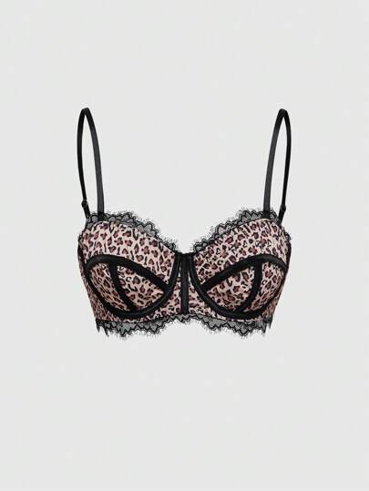 Grunge Punk Plus Size Leopard Print Lace Padded Underwire Lingerie Bralette