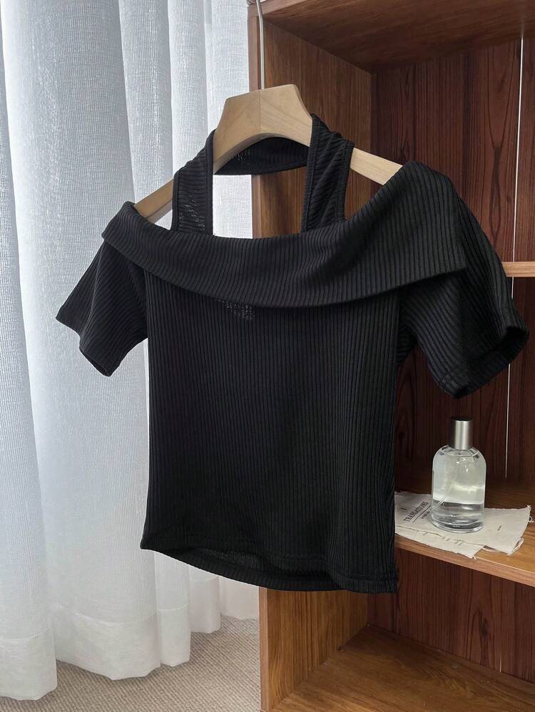 Women's Solid Color Wrap Front Halterneck Short Sleeve T-Shirt, Spring/Summer Cute Tops