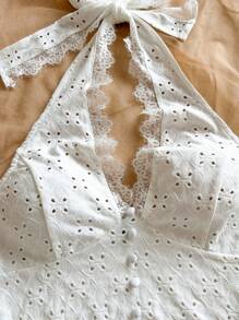 Soleia 女式白色纹理面料蕾丝边露背上衣，修身版型夏季假日 - 白色 - 查看 7