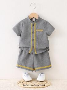 Cozy Pixies 2pcs/Set Baby Boys Contrast Color Banded Collar Short Sleeve Cardigan And Elastic Waist Shorts Set, Suitable For Summer