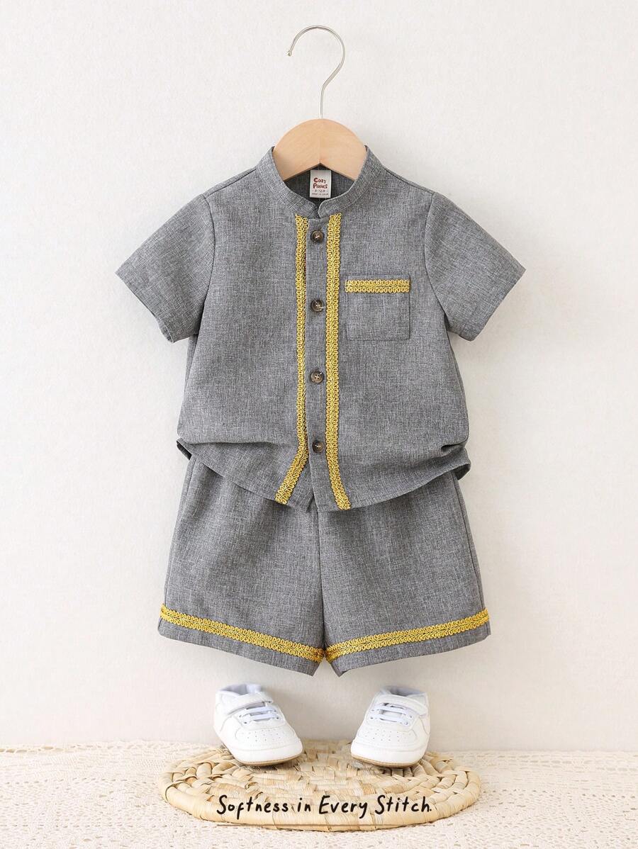 Cozy Pixies 2pcs/Set Baby Boys Contrast Color Banded Collar Short Sleeve Cardigan And Elastic Waist Shorts Set, Suitable For Summer