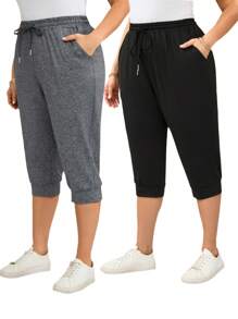 EMERY ROSE 大码女式黑灰色两件装休闲七分裤，运动裤，简约时尚，适合日常穿着，夏季女装