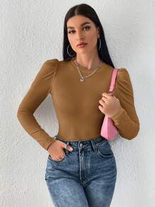 SHEIN Privé Women's Solid Round Neck Puff Sleeve Fitted T-Shirt - Khaki - View 6